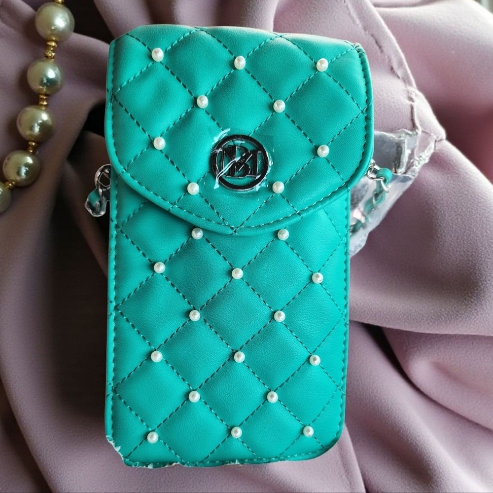 BADGLEY MISCHKA Vegan Leather Phone Case with Diamond Quilting and Pearls NWT